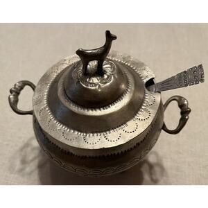 Vintage Bolivian Handmade Sugar Bowl with Lid German Silver Folk Art 3 1/2” Dia